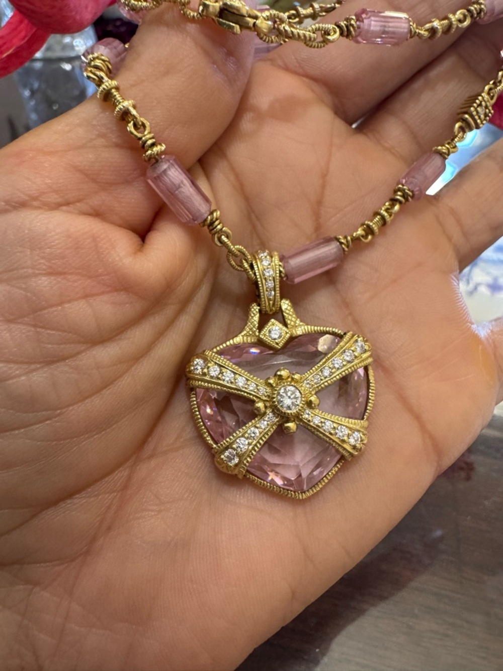 Judith Ripka 18K Yellow Gold Pink Heart Pendant 0.70ct Diamond Large Statement